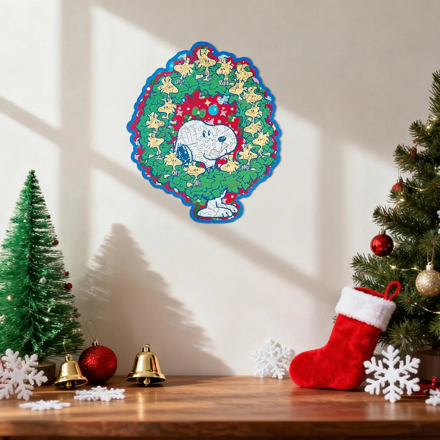 Snoopy Christmas wooden puzzle displayed as wall decor